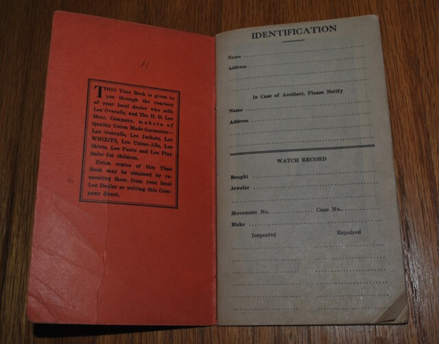 1938 Lee Overall Time Book 表紙裏の見開きページ