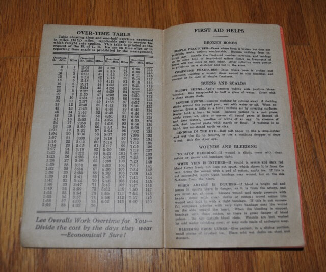 1938年のTime Book内のページ：残業早見表と怪我などの時の応急処置ガイド