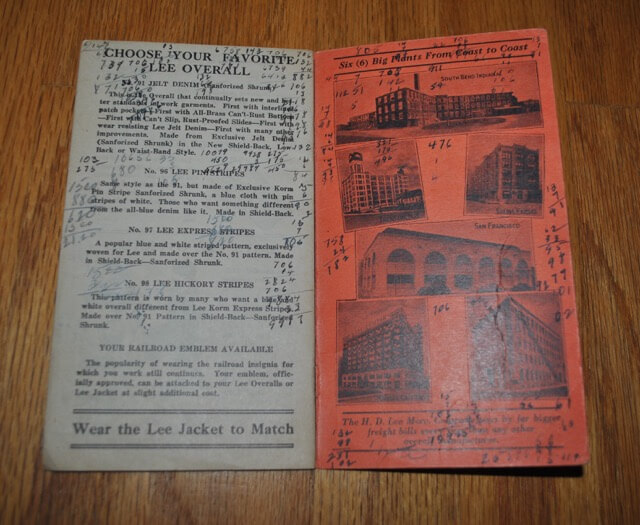 1938年発行 Lee Overall Time Book 背表紙裏のページ